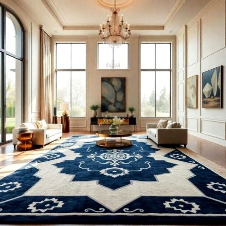 Handcrafted Blue Traditional Pattern Living Room Rug